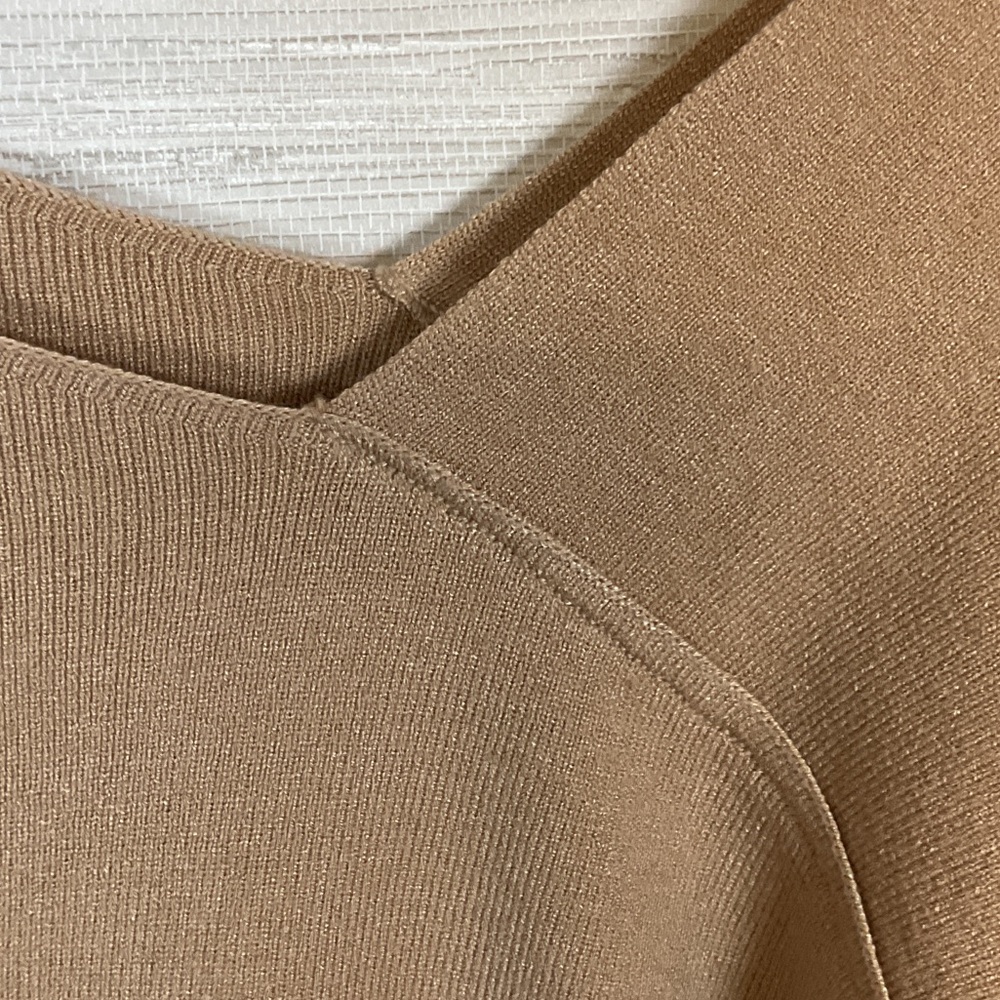Line and Dot Favorite Off Shoulder Sweater Taupe Large Asymmetrical Tan - Picture 10 of 16